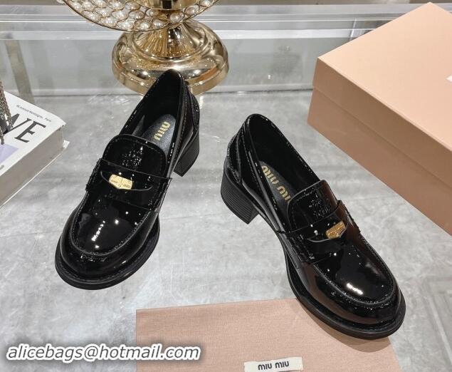 Luxury Miu Miu Patent Leather Loafer Pumps 5cm with Coin Black 813081