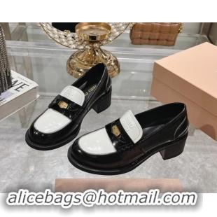 Luxurious Miu Miu Brushed Leather Loafer Pumps 5cm with Coin Black/White 813082