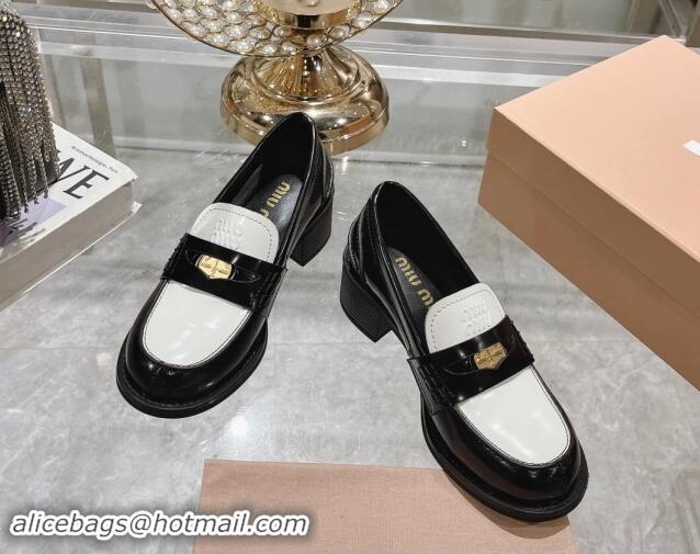 Luxurious Miu Miu Brushed Leather Loafer Pumps 5cm with Coin Black/White 813082