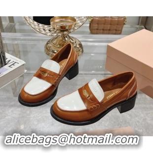 Good Quality Miu Miu Brushed Leather Loafer Pumps 5cm with Coin White/Brown 813083