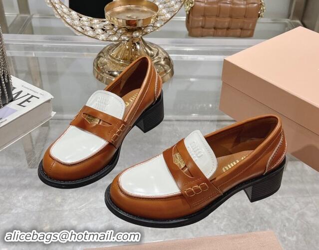 Good Quality Miu Miu Brushed Leather Loafer Pumps 5cm with Coin White/Brown 813083