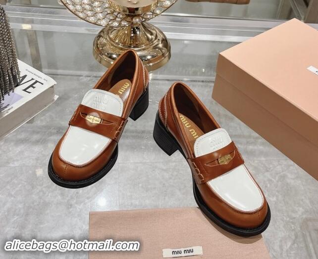 Good Quality Miu Miu Brushed Leather Loafer Pumps 5cm with Coin White/Brown 813083