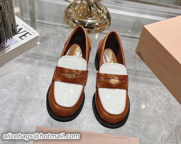 Good Quality Miu Miu Brushed Leather Loafer Pumps 5cm with Coin White/Brown 813083