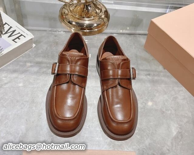 Good Quality Miu Miu Leather brogue shoes Brown 813084