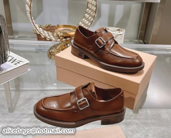 Good Quality Miu Miu Leather brogue shoes Brown 813084