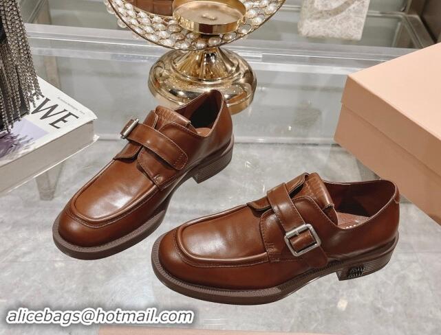 Good Quality Miu Miu Leather brogue shoes Brown 813084