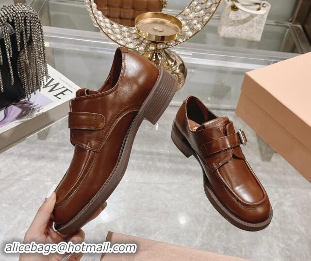 Good Quality Miu Miu Leather brogue shoes Brown 813084