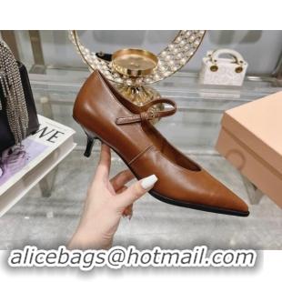 Good Looking Miu Miu Brushed leather Mary Janes Pumps 5cm Brown 813093