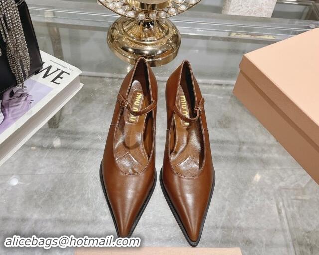 Good Looking Miu Miu Brushed leather Mary Janes Pumps 5cm Brown 813093