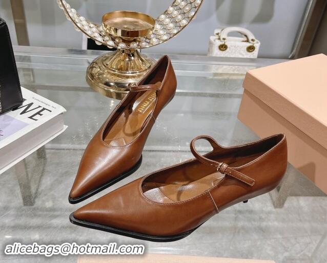 Good Looking Miu Miu Brushed leather Mary Janes Pumps 5cm Brown 813093