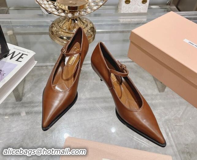 Good Looking Miu Miu Brushed leather Mary Janes Pumps 5cm Brown 813093