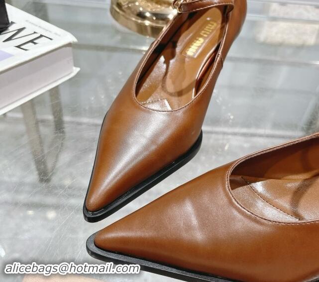 Good Looking Miu Miu Brushed leather Mary Janes Pumps 5cm Brown 813093