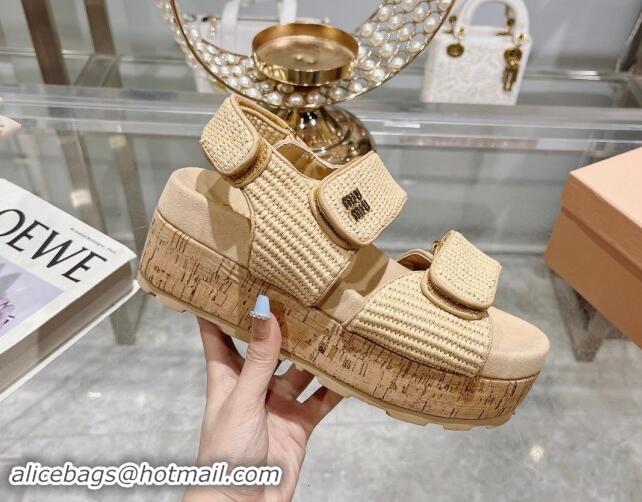 Most Popular Miu Miu Raffia-effect woven fabric wedge sandals 7cm Beige 813097