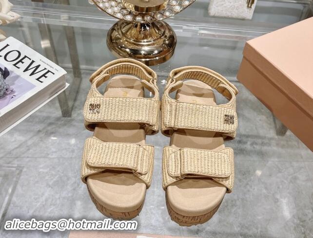 Most Popular Miu Miu Raffia-effect woven fabric wedge sandals 7cm Beige 813097