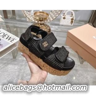 Sumptuous Miu Miu Raffia-effect woven fabric wedge sandals 7cm Black 813098