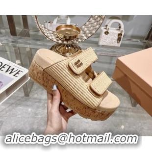 Stylish Miu Miu Raffia-effect woven fabric wedge slides sandal 7cm Beige 813099