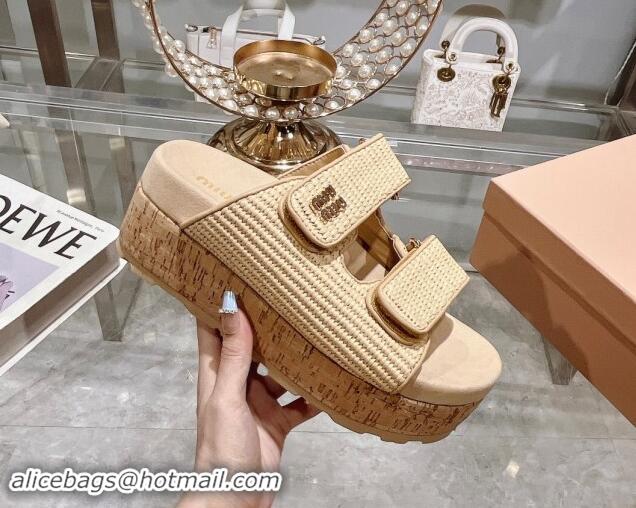 Stylish Miu Miu Raffia-effect woven fabric wedge slides sandal 7cm Beige 813099