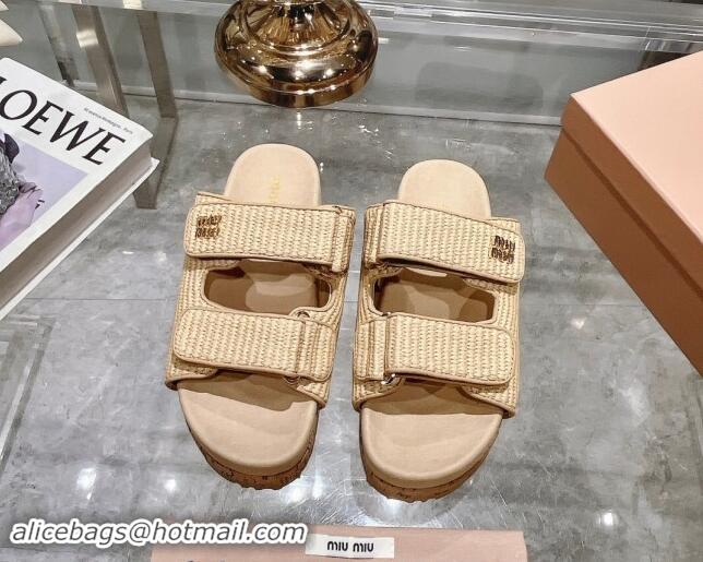 Stylish Miu Miu Raffia-effect woven fabric wedge slides sandal 7cm Beige 813099