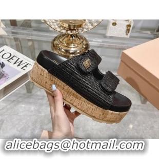 Popular Style Miu Miu Raffia-effect woven fabric wedge slides sandal 7cm Black 813100