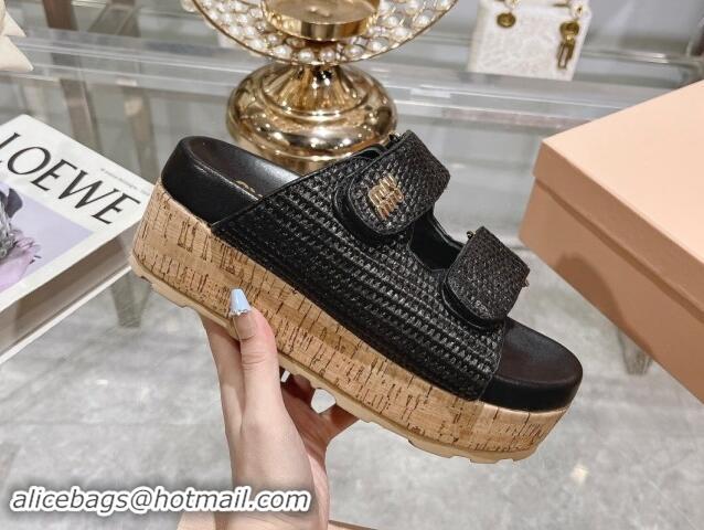 Popular Style Miu Miu Raffia-effect woven fabric wedge slides sandal 7cm Black 813100