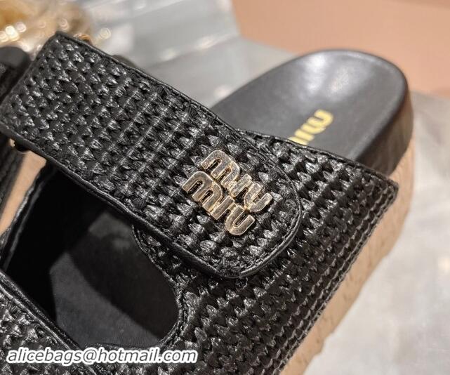 Popular Style Miu Miu Raffia-effect woven fabric wedge slides sandal 7cm Black 813100