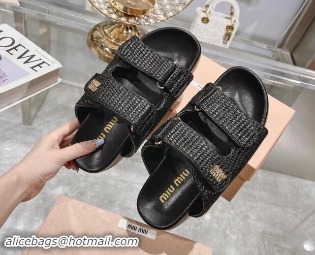 Popular Style Miu Miu Raffia-effect woven fabric wedge slides sandal 7cm Black 813100