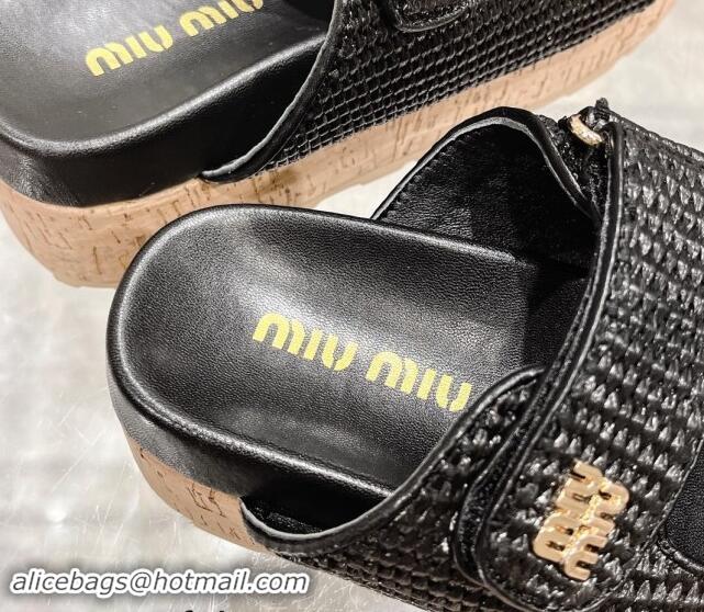 Popular Style Miu Miu Raffia-effect woven fabric wedge slides sandal 7cm Black 813100