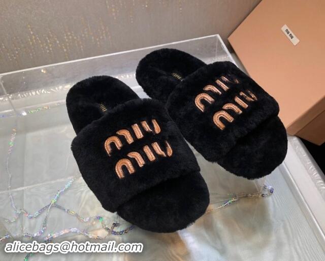 Pretty Style Miu Miu Wool Flat Slide Sandal Black 813103