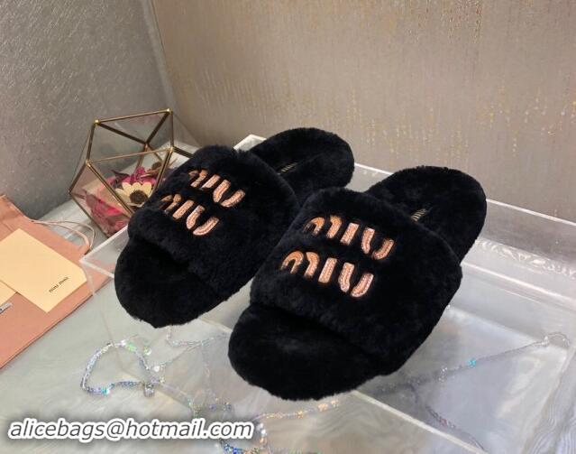 Pretty Style Miu Miu Wool Flat Slide Sandal Black 813103