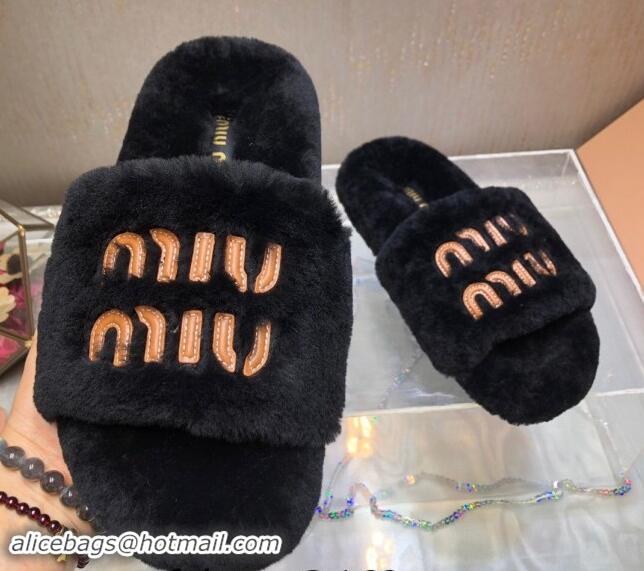 Pretty Style Miu Miu Wool Flat Slide Sandal Black 813103