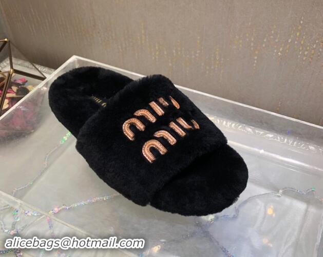 Pretty Style Miu Miu Wool Flat Slide Sandal Black 813103