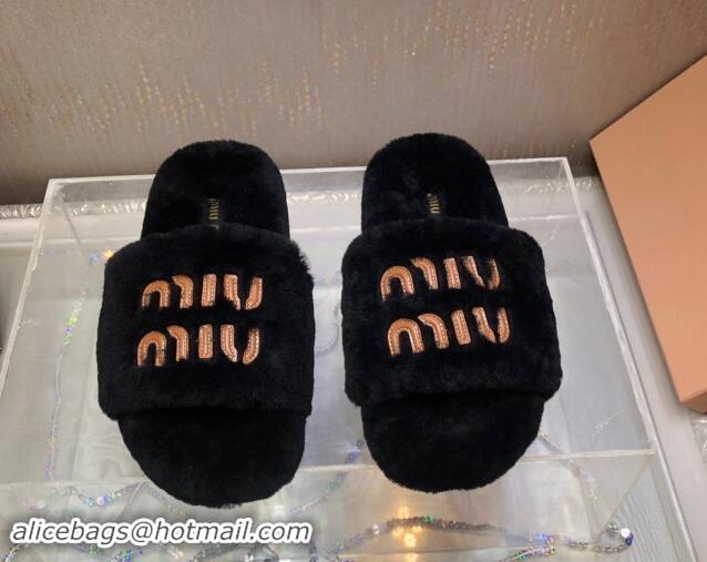 Pretty Style Miu Miu Wool Flat Slide Sandal Black 813103