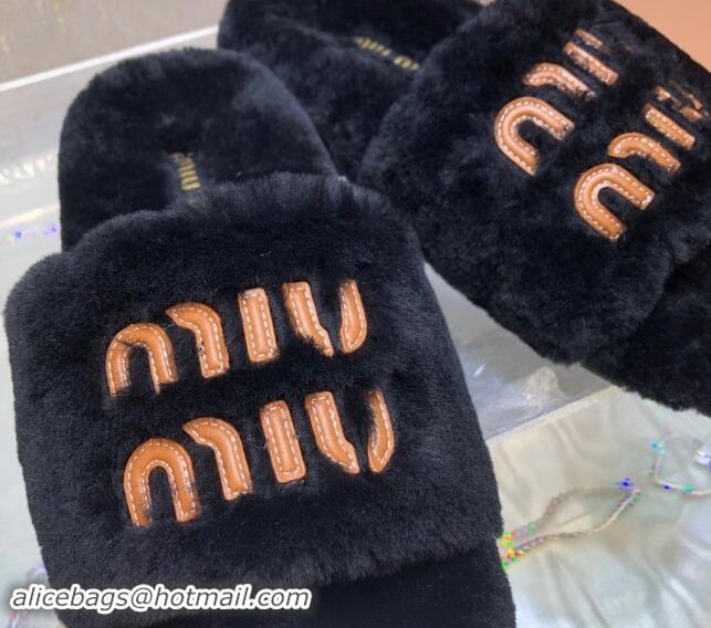 Pretty Style Miu Miu Wool Flat Slide Sandal Black 813103