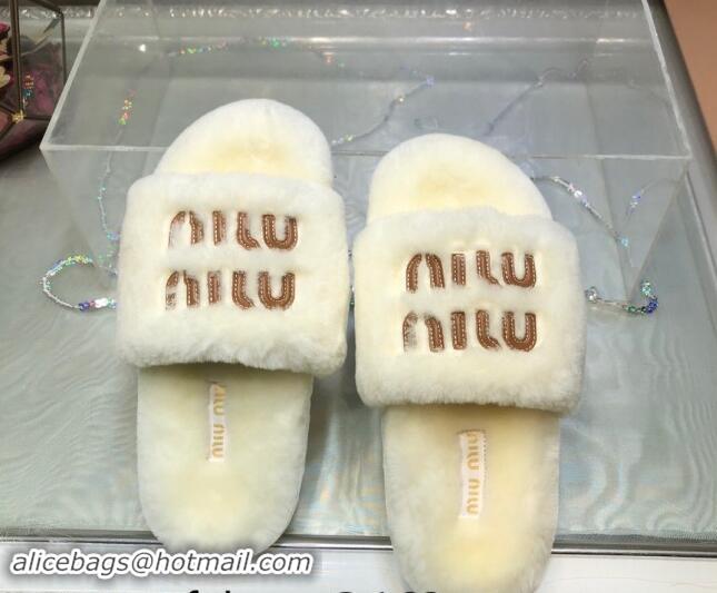 Charming Miu Miu Wool Flat Slide Sandal White 813104