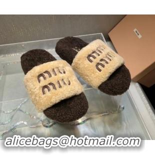 Durable Miu Miu Wool Flat Slide Sandal White/Dark Brown 813107