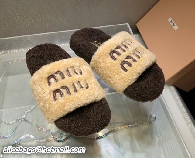 Durable Miu Miu Wool Flat Slide Sandal White/Dark Brown 813107