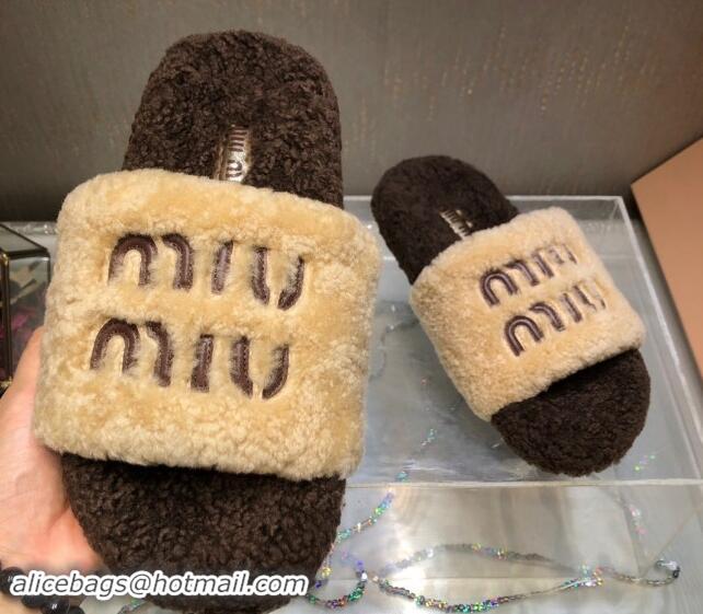 Durable Miu Miu Wool Flat Slide Sandal White/Dark Brown 813107