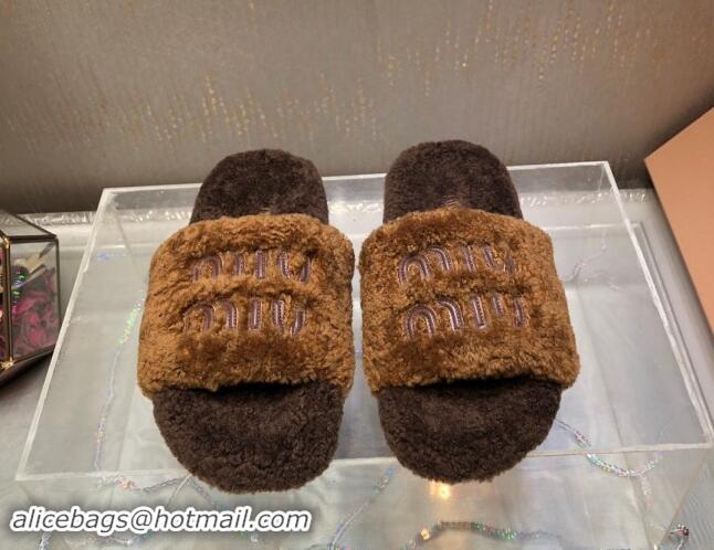 Duplicate Miu Miu Wool Flat Slide Sandal Deep Brown 813108