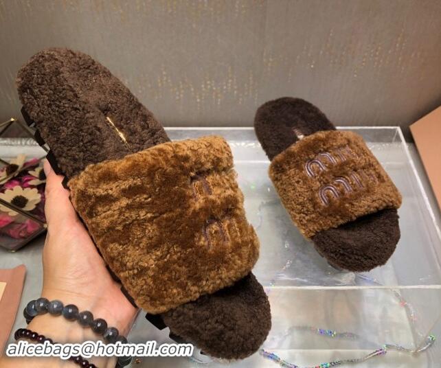 Duplicate Miu Miu Wool Flat Slide Sandal Deep Brown 813108