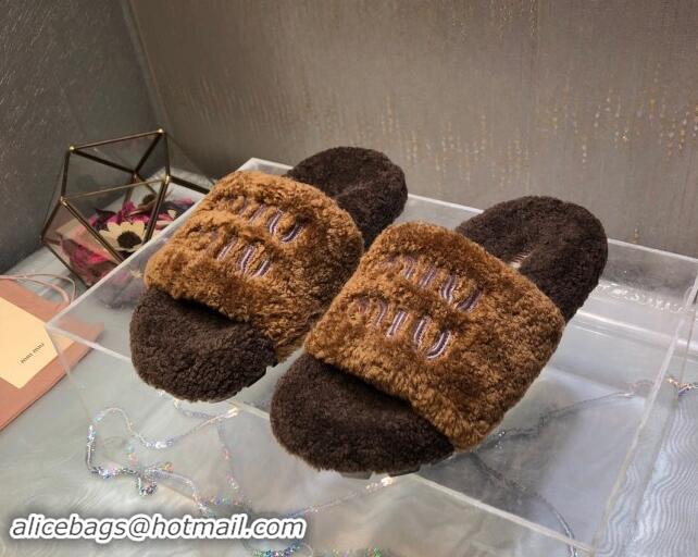 Duplicate Miu Miu Wool Flat Slide Sandal Deep Brown 813108