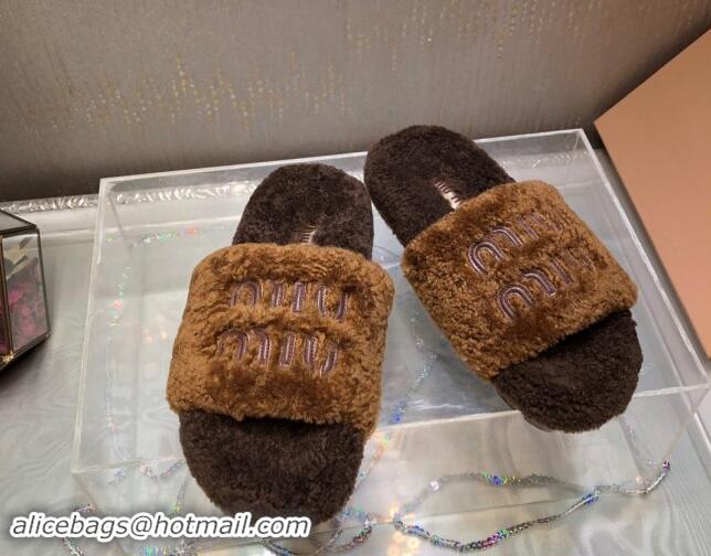 Duplicate Miu Miu Wool Flat Slide Sandal Deep Brown 813108