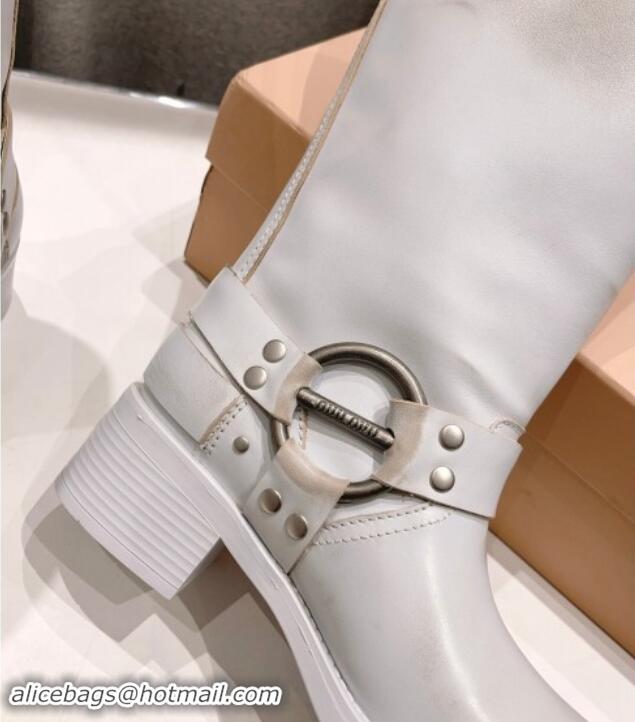 Luxury Cheap Miu Miu Leather High Boots 5cm with Strap Buckle White 904044