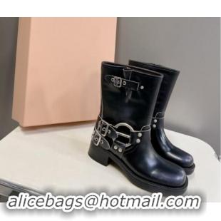 Sophisticated Miu Miu Leather Medium Boots with Strap Buckle Black 904041