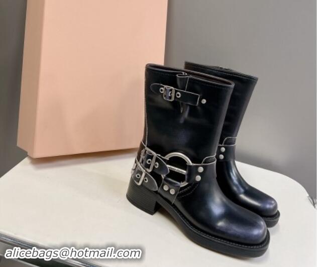 Sophisticated Miu Miu Leather Medium Boots with Strap Buckle Black 904041