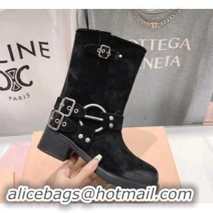 Hot Style Miu Miu Suede Medium Boots 5cm with Strap Buckle Black 904042