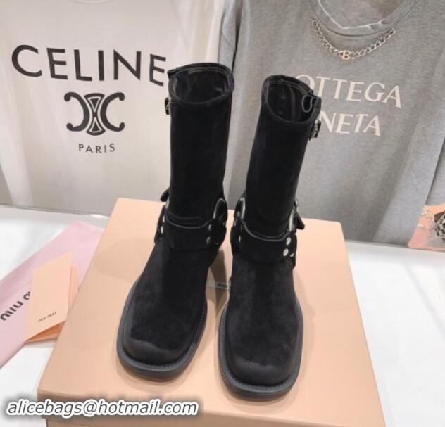 Hot Style Miu Miu Suede Medium Boots 5cm with Strap Buckle Black 904042