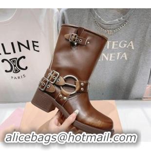 Big Discount Miu Miu Leather Medium Boots 5cm with Strap Buckle Brown 904043