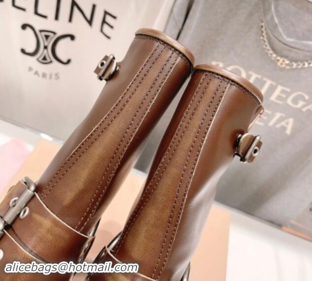 Big Discount Miu Miu Leather Medium Boots 5cm with Strap Buckle Brown 904043