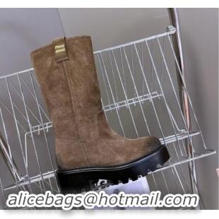 Purchase Miu Miu Suede Platform Medium Boots 5cm with Logo Tag Dark Brown 904045