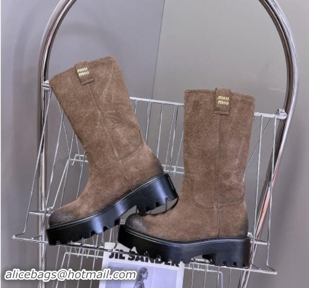 Purchase Miu Miu Suede Platform Medium Boots 5cm with Logo Tag Dark Brown 904045